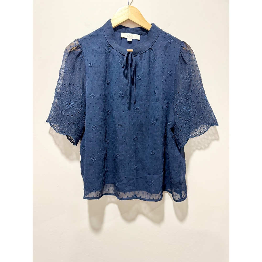 Loft Navy Blue Embroidered Clip Dot Eyelet Lace Tie Neck Blouse Large
